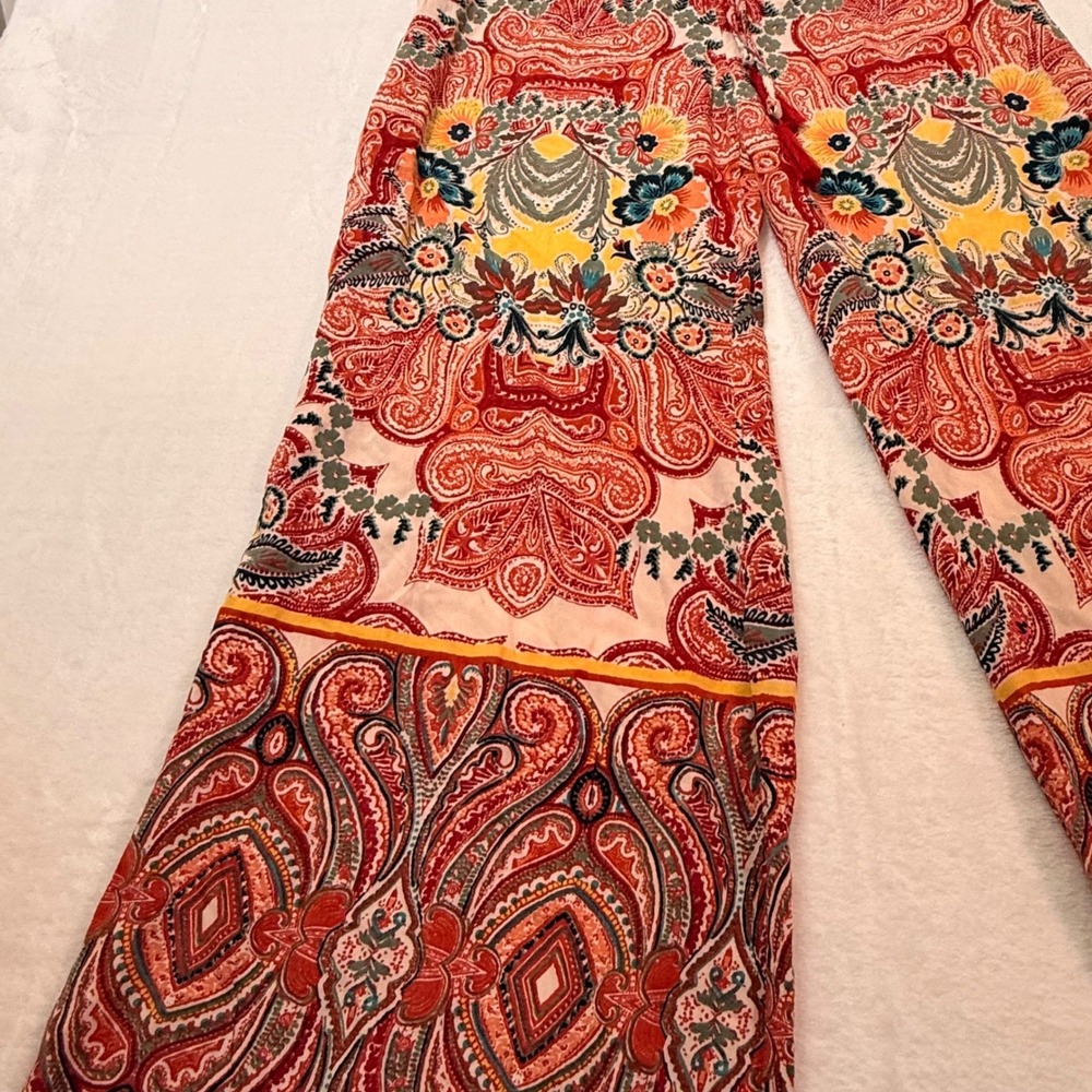 Angie | Paisley Floral Wide Leg Boho Pants Rust Orange Smocked Waist, Size S - Picture 3 of 5
